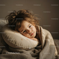 Thoughtful child resting on pillow wrapped in blanket