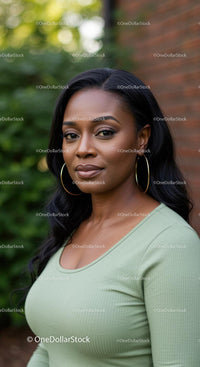 Confident woman with natural makeup outdoors in green top