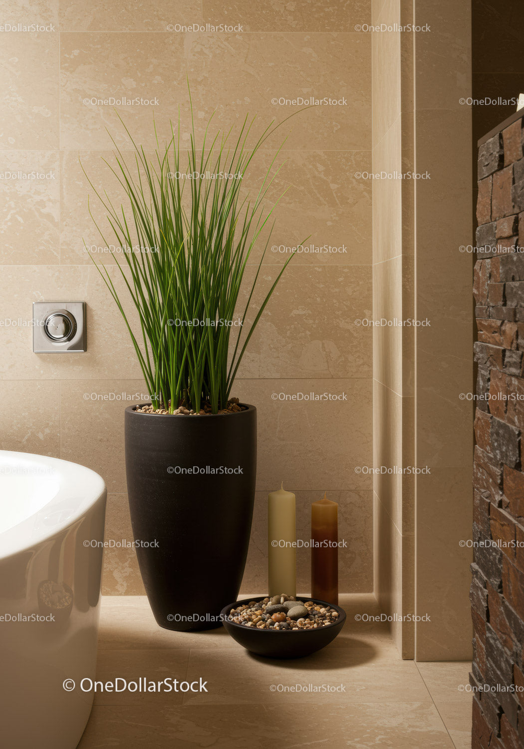 Elegant Indoor Plant and Candle Decor in Modern Bathroom