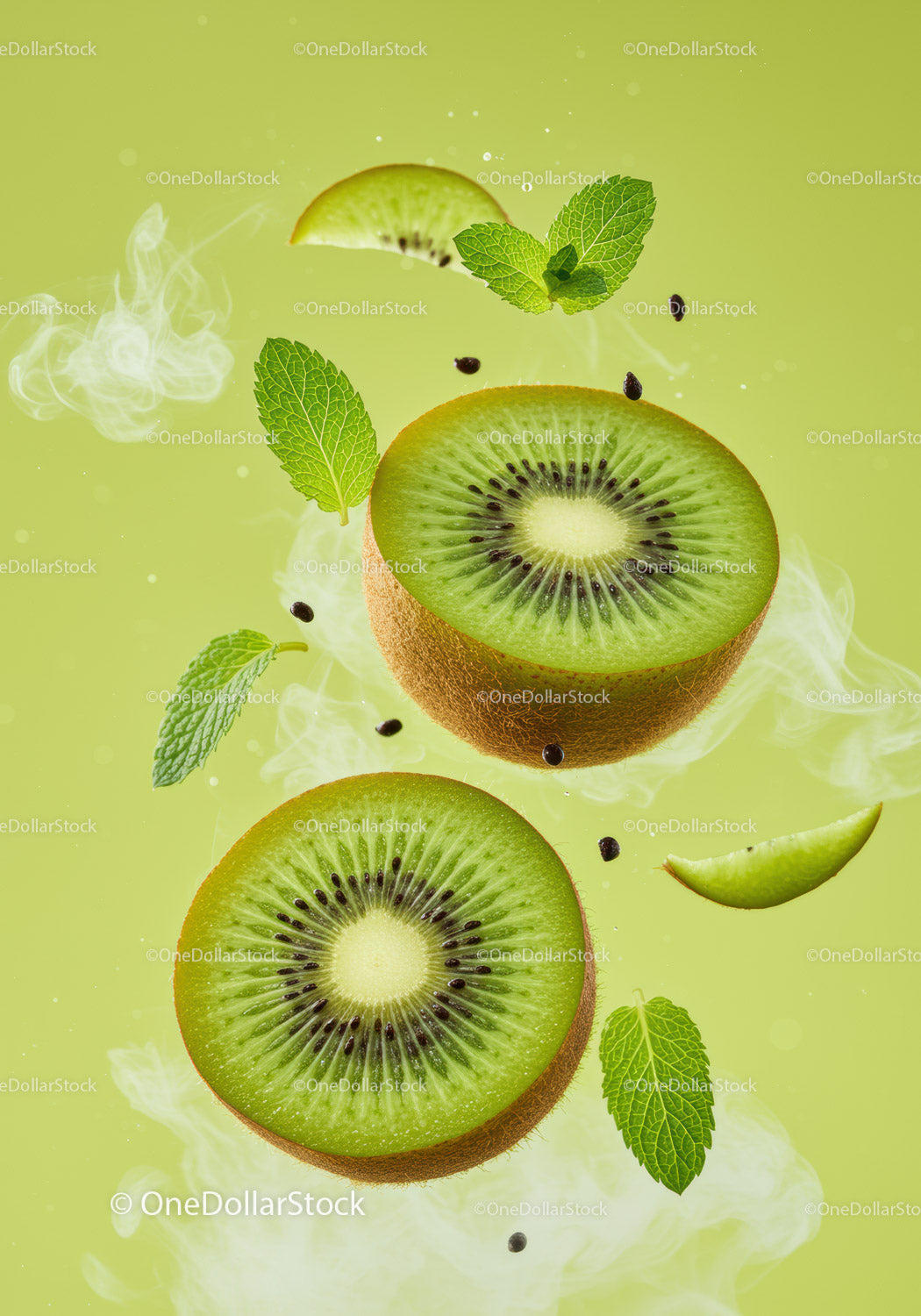Świeże plasterki kiwi z liśćmi mięty unoszącymi się na zielonym tle