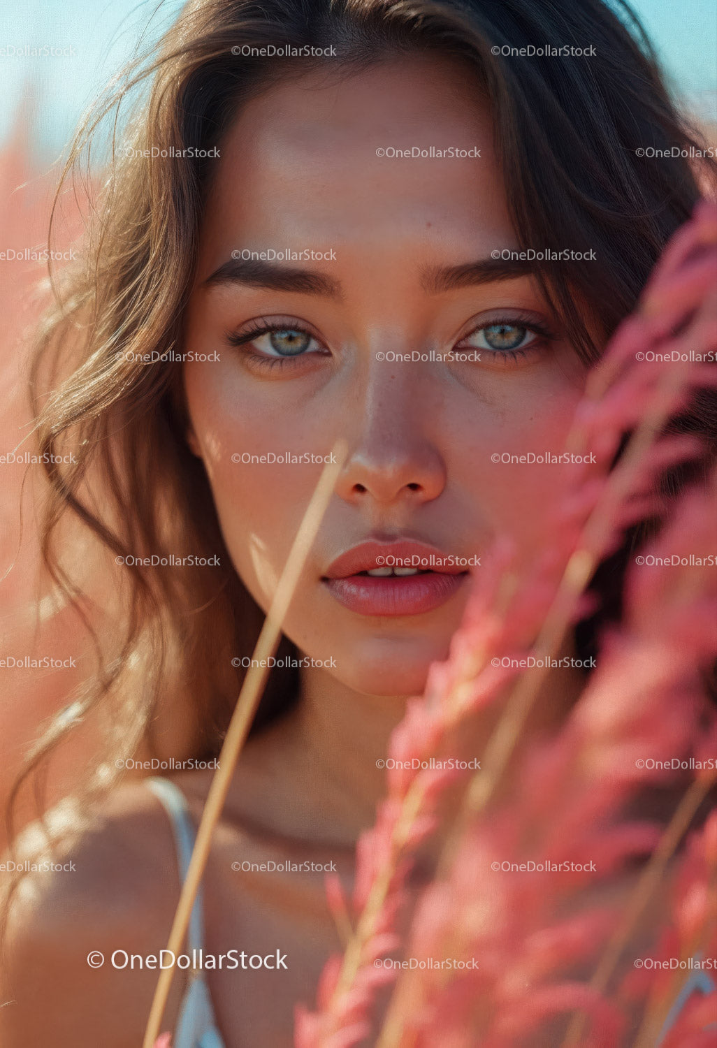 Vibrant Summer Portrait of a Young Woman with Blue Eyes and Wavy Hair