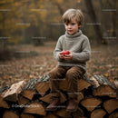 Young boy sitting on firewood pile holding red apple