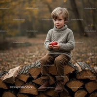 Young boy sitting on firewood pile holding red apple