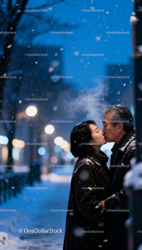 Couple sharing a tender kiss on snowy winter evening