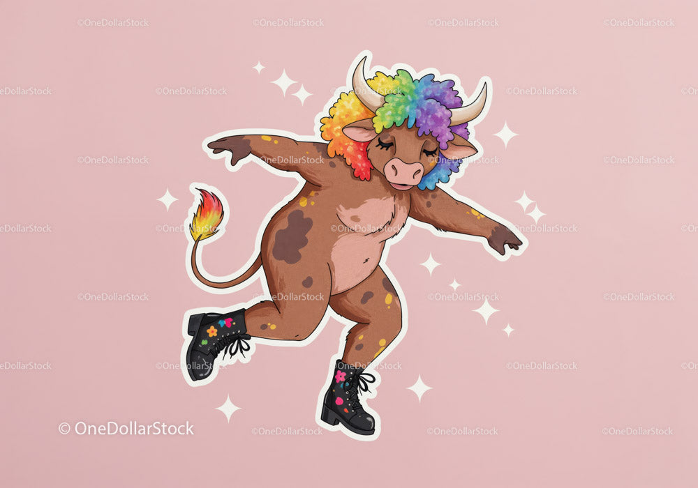 Colorful Cartoon Cow with Rainbow Hair Dancing in Playful Scene