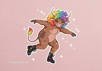 Colorful Cartoon Cow with Rainbow Hair Dancing in Playful Scene