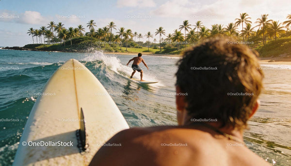 Surfers catching waves near a tropical palm-lined shore