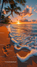 Beautiful Tropical Beach at Sunset with Palm Trees and Ocean
