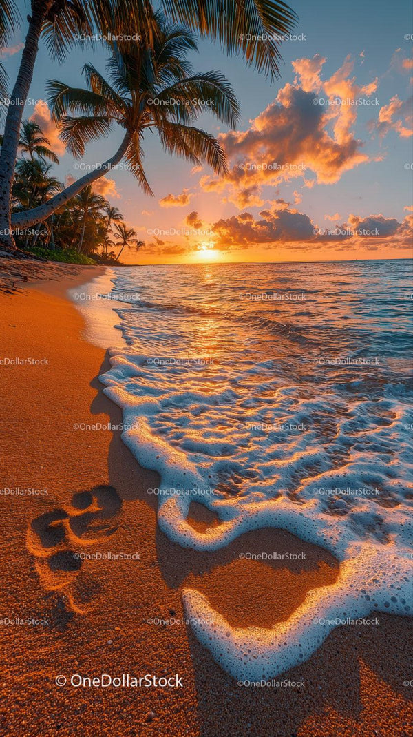 Piękna tropikalna plaża o zachodzie słońca z palmami i oceanem
