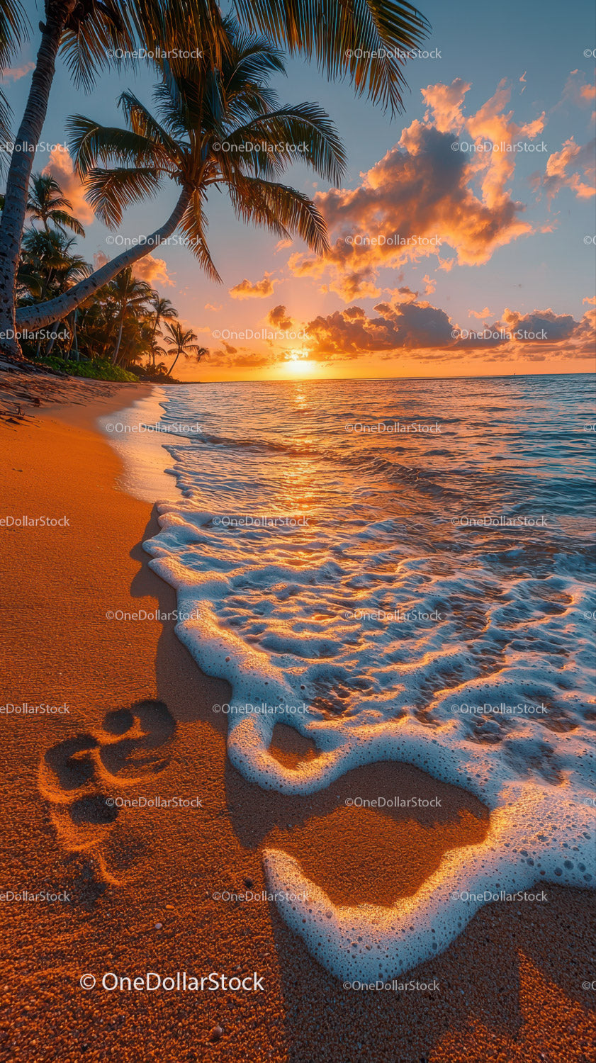 Piękna tropikalna plaża o zachodzie słońca z palmami i oceanem