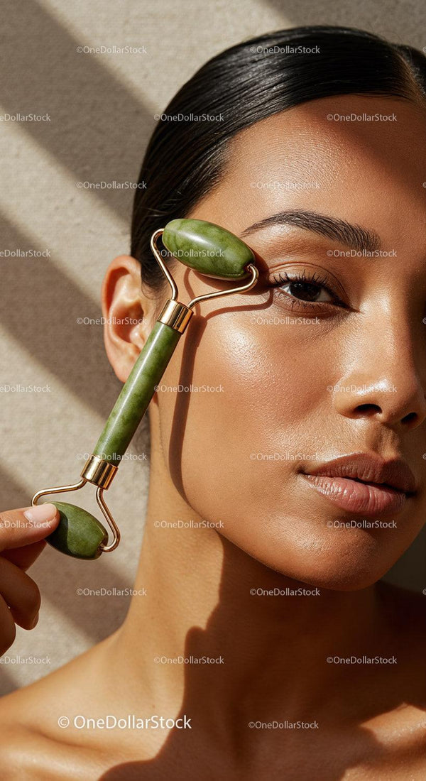 Close-up of Woman Using Jade Roller for Skincare Facial Massage