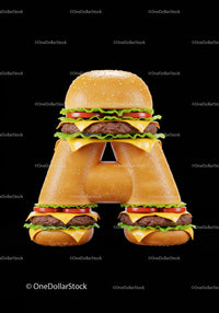 Letter A made of cheeseburgers with fresh ingredients