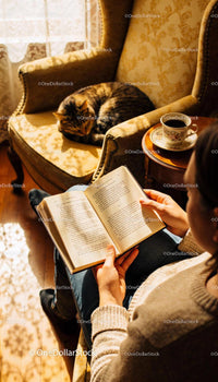 Cozy afternoon reading with cat and warm cup of tea