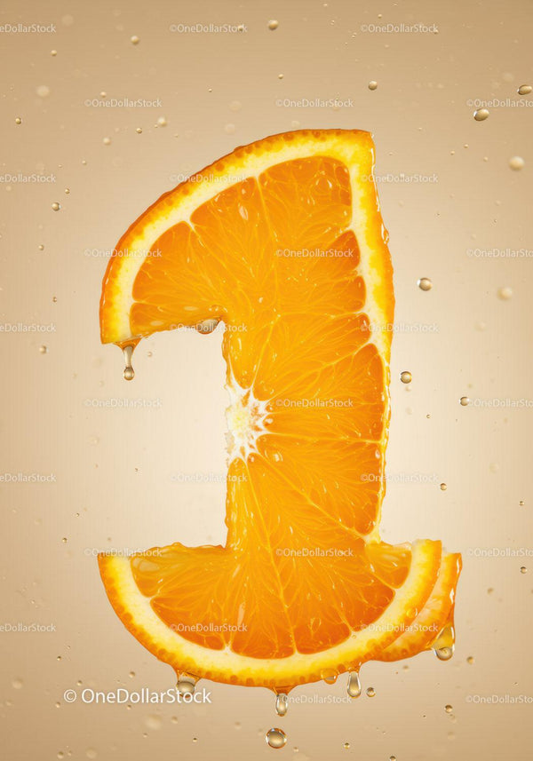 Fresh Orange Slice Shaped Like Number One with Droplets