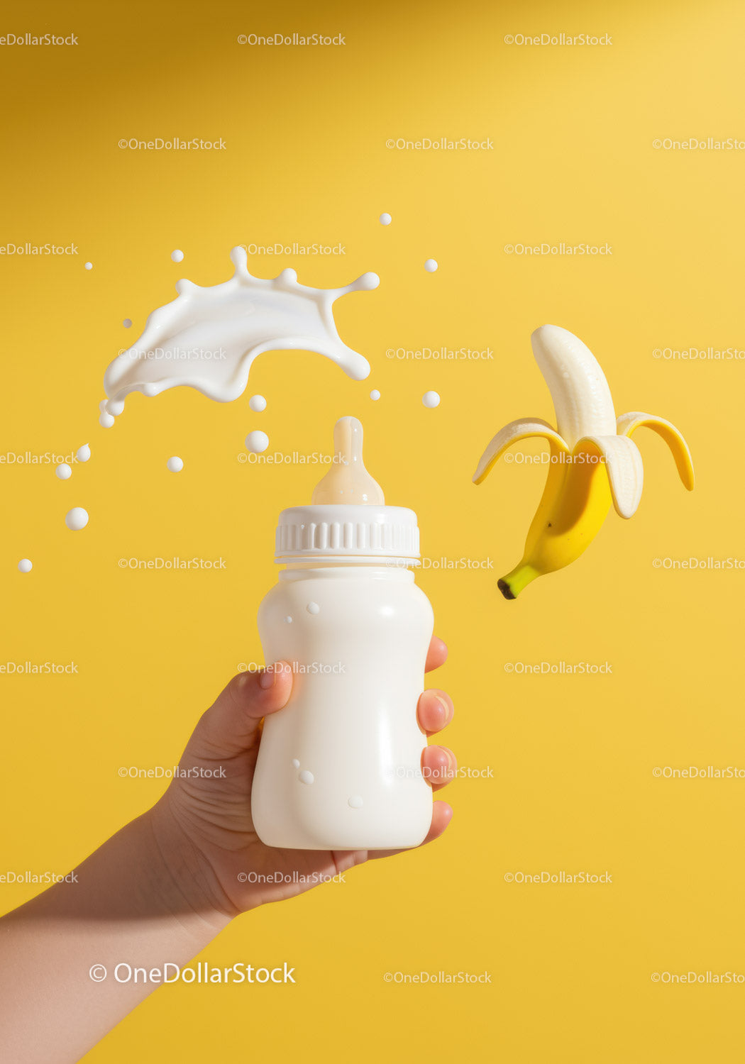 Dłoń trzymająca butelkę dla dziecka z rozpryskującym się mlekiem i bananem