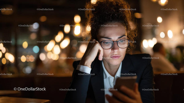 Stylish Female Using Smartphone in Modern Cafe at Night