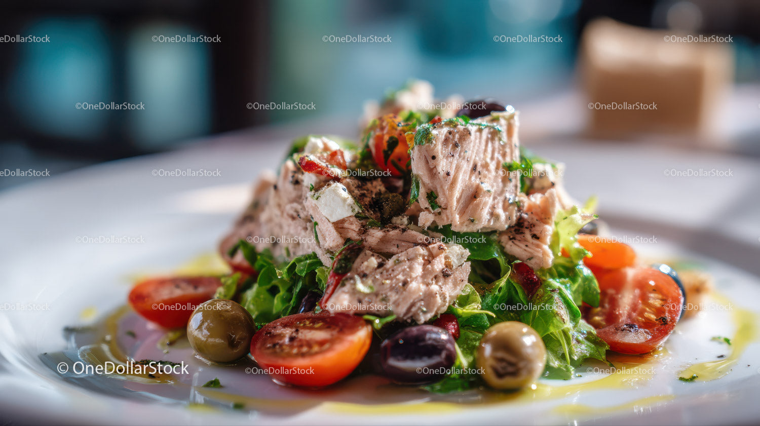 Fresh Tuna Salad with Cherry Tomatoes Green Olives and Mixed Greens