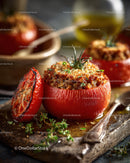 Stuffed Red Tomatoes with Herb Garnish in Rustic Setting