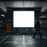 Man walking past illuminated billboard in parking garage