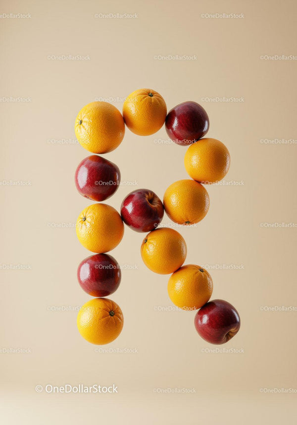 Creative letter R made from fresh fruits on beige