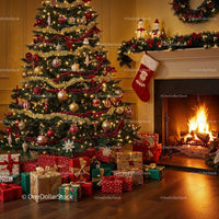 Cozy Living Room with Festive Christmas Tree and Fireplace