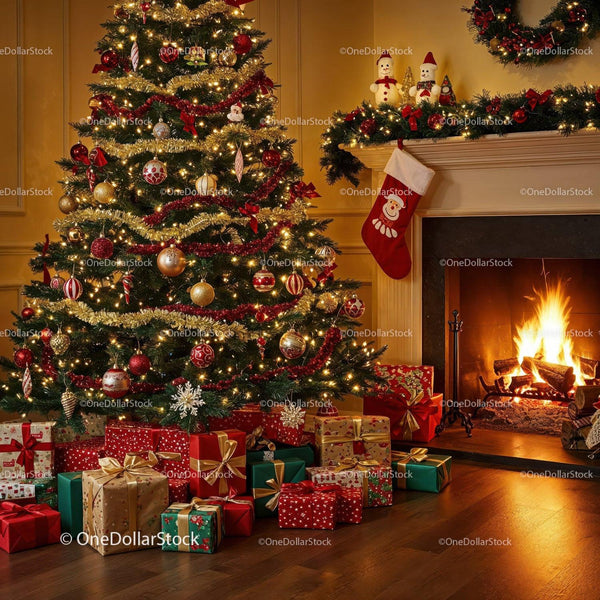 Cozy Living Room with Festive Christmas Tree and Fireplace