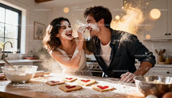 Couple Playfully Baking Heart Cookies Together