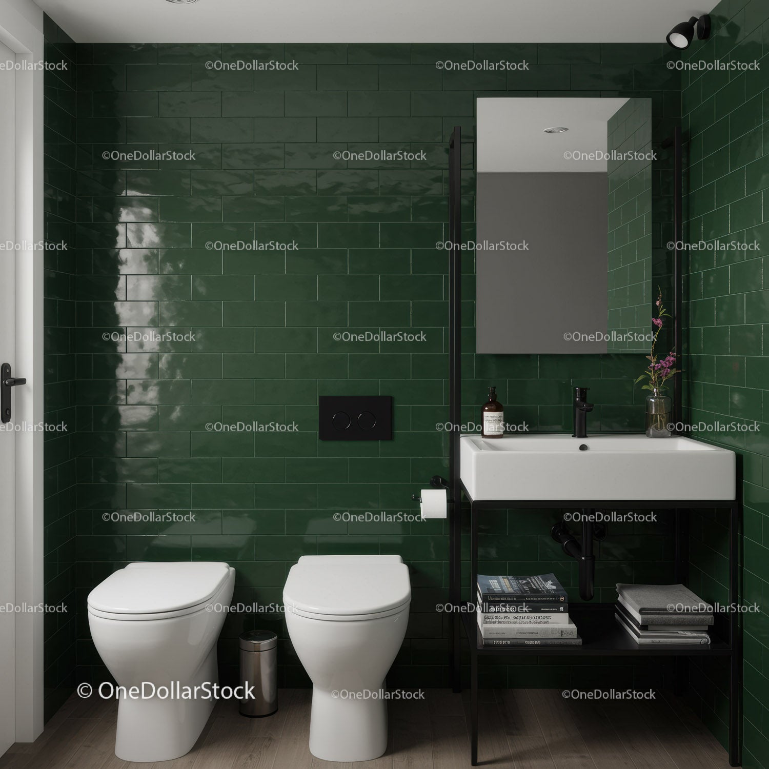 Modern Bathroom with Green Tiled Wall and Minimalist Design