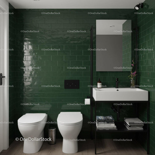 Modern Bathroom with Green Tiled Wall and Minimalist Design