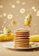 Playful cartoon characters jumping near pancake stack