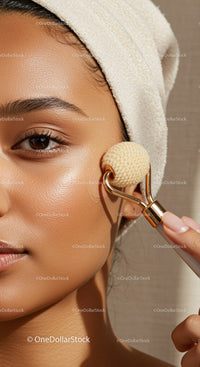 Close-Up of Woman Using Facial Roller for Skin Rejuvenation and Glow