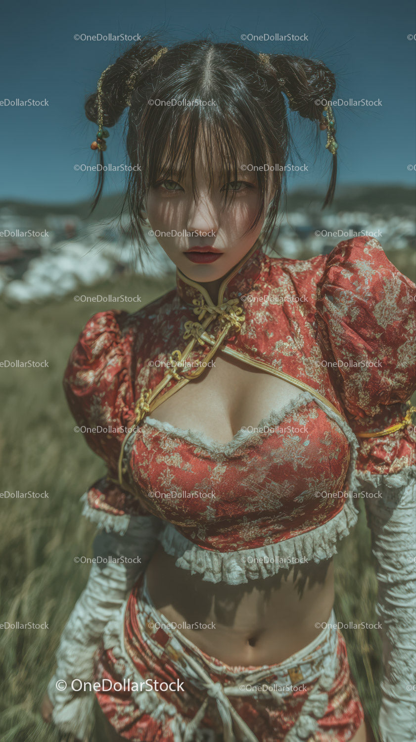 Striking Woman in Traditional Asian Costume in Outdoor Summer Setting