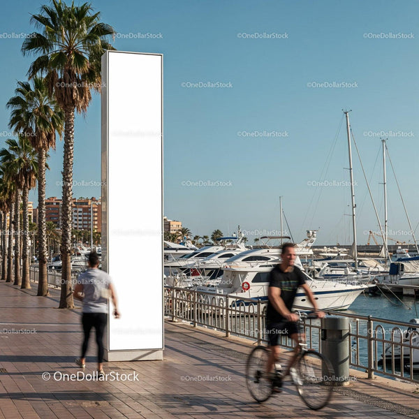 Coastal promenade with yachts and palm trees on sunny day JPG Mockup Image