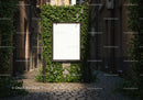 Blank poster board surrounded by lush green vines in alley