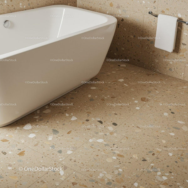 Nowoczesna Wolnostojąca Wanna w Beżowej Łazience Terrazzo z Relaksującą Atmosferą