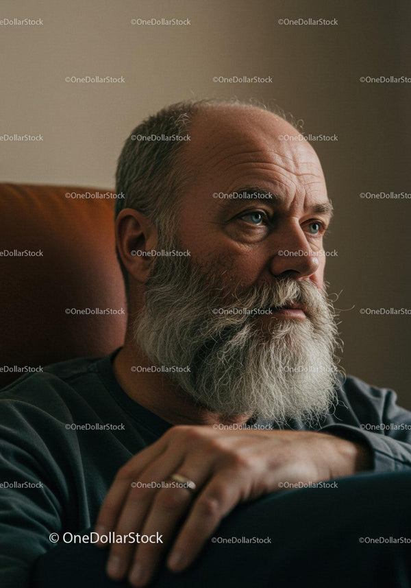 Refleksyjny Starszy Mężczyzna z Siwą Brodą i Niebieskimi Oczami - Portret