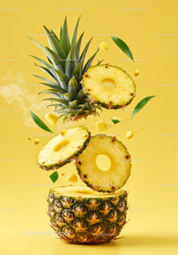 Fresh pineapple slices levitating on vibrant yellow background