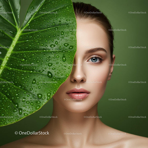 Elegant Woman with Bright Blue Eyes and Tropical Green Leaf