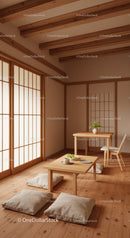 Calm Japanese Inspired Room with Wooden Beams and Shoji Doors
