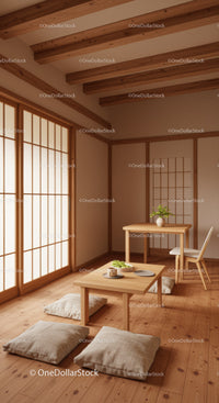 Calm Japanese Inspired Room with Wooden Beams and Shoji Doors