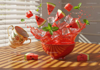 Refreshing watermelon splash with ice and mint leaves