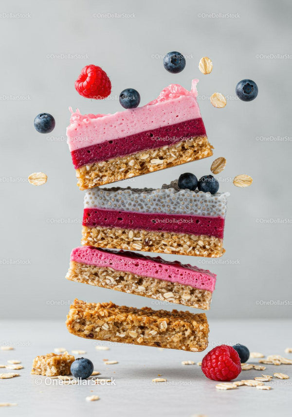 Stacked healthy berry oat bars with fresh fruits