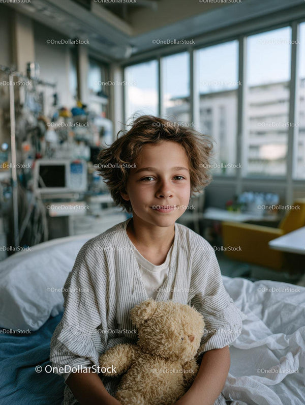 Young Boy Smiling with Teddy Bear in Bright Hospital Room