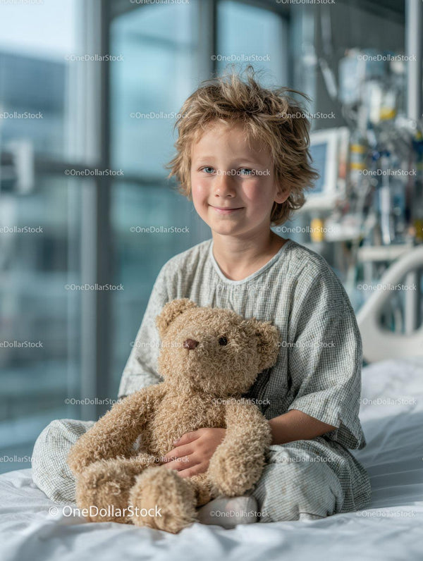 Young Boy with Teddy Bear in Hospital Room