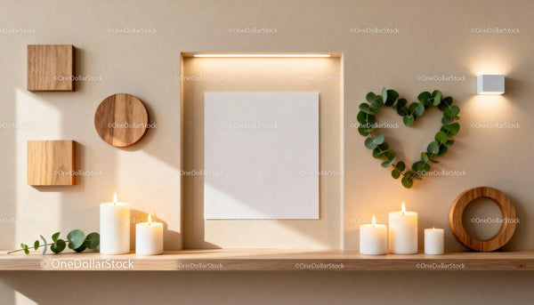 Minimalist cozy shelf with candles and plant decor