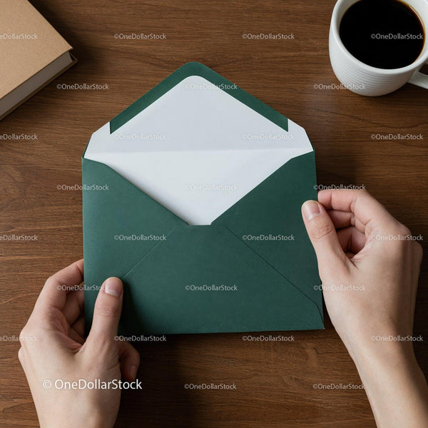 Person holding open green envelope on wooden table JPG Mockup Image