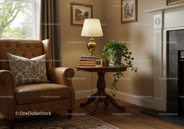 Cozy reading nook with leather armchair and warm lighting