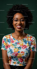 Confident smiling woman with curly hair and floral shirt