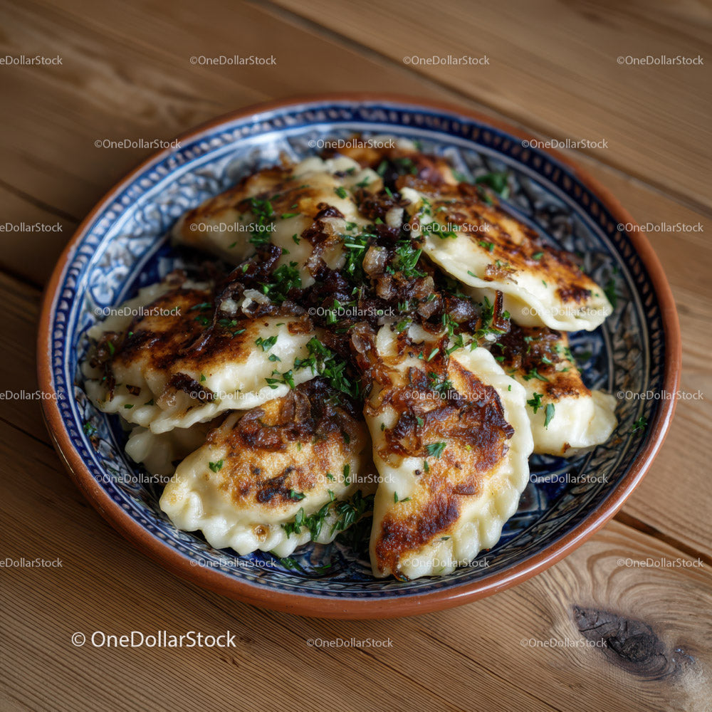 Dumplings with Bacon and Herbs Served in Rustic Bowl