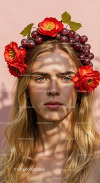 Beautiful Woman Wearing Floral Crown with Red Alstroemeria and Grape Flowers